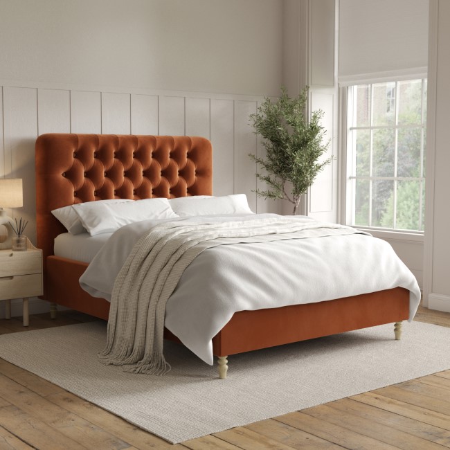 ONLY OPENED - Rust Orange Velvet Double Ottoman Bed with Legs - Pippa