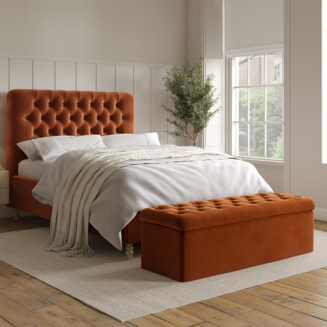 ONLY OPENED - Rust Orange Velvet Double Ottoman Bed with Legs - Pippa