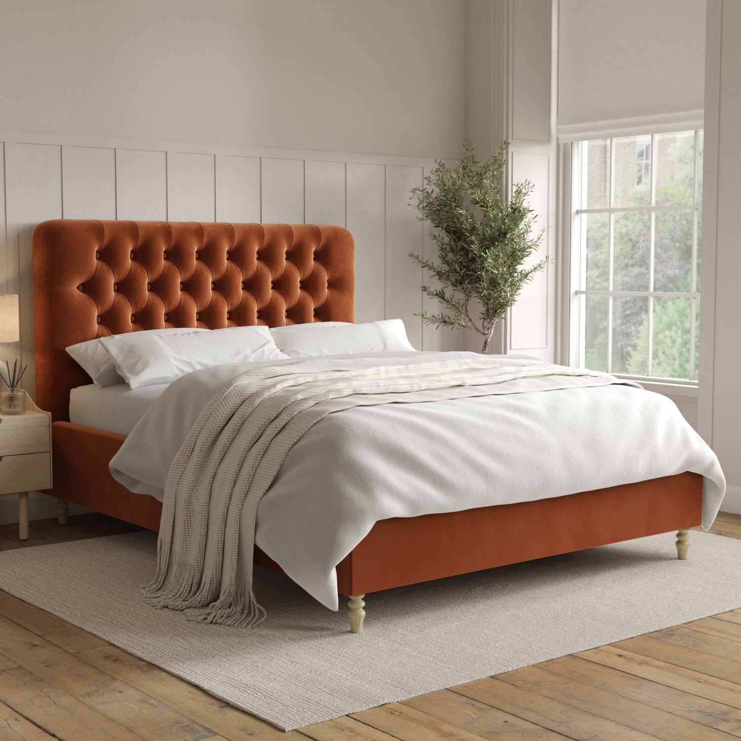 Photo of Rust brown velvet king size ottoman bed with legs - pippa