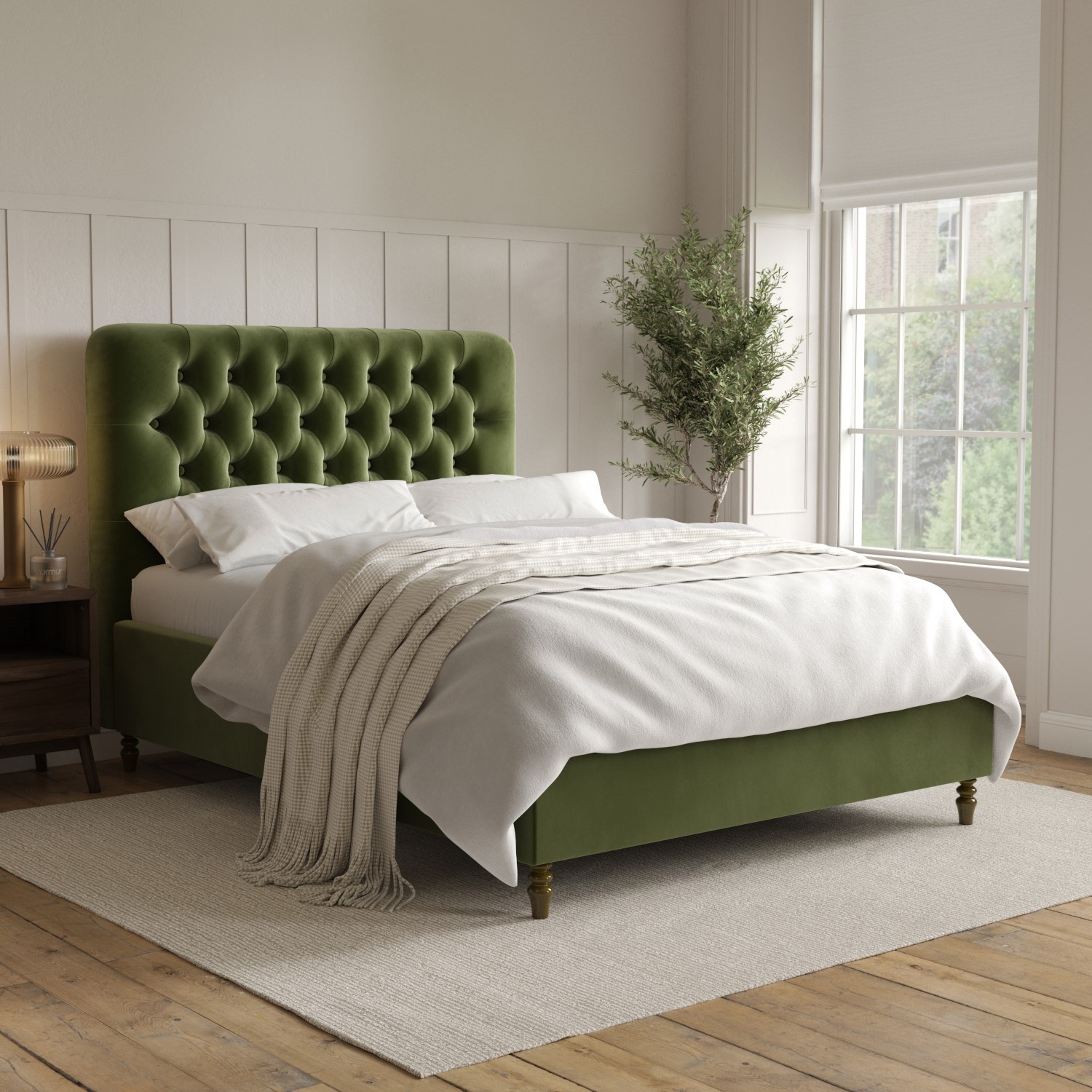 Photo of Olive green velvet double ottoman bed with legs - pippa