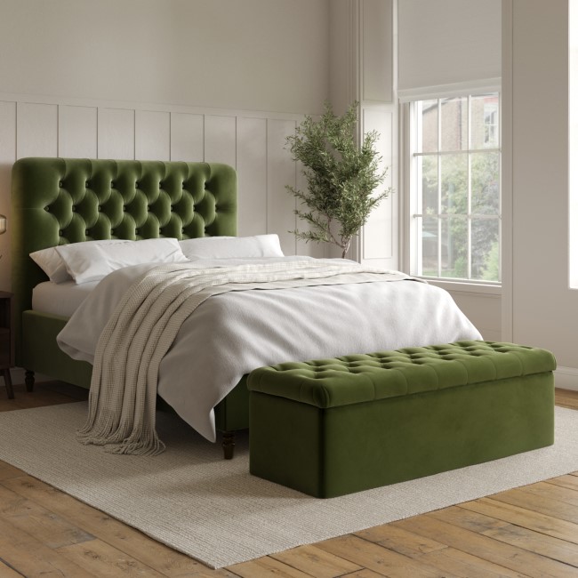 Olive Green Velvet King Size Ottoman Bed with Legs - Pippa