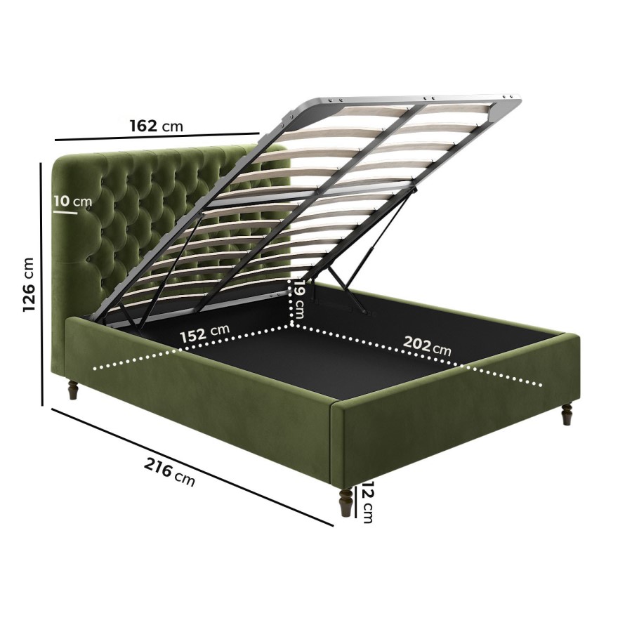 ONLY OPENED - Olive Green Velvet King Size Ottoman Bed with Legs - Pippa