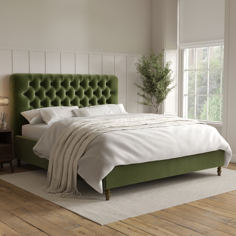 ONLY OPENED - Olive Green Velvet Super King Ottoman Bed with Legs - Pippa