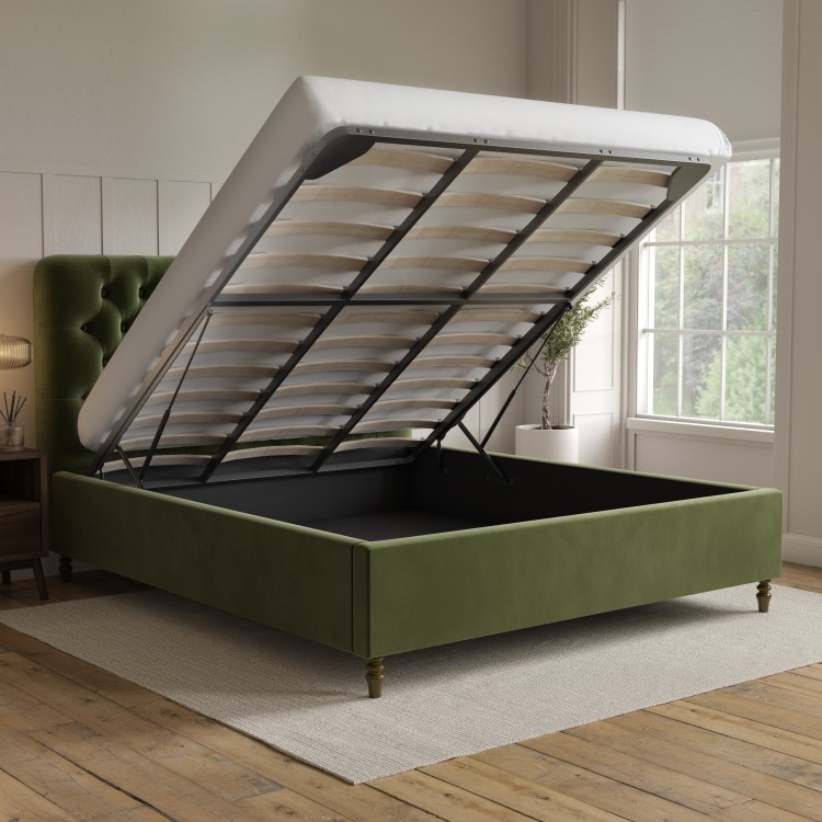 ONLY OPENED - Olive Green Velvet Super King Ottoman Bed with Legs - Pippa