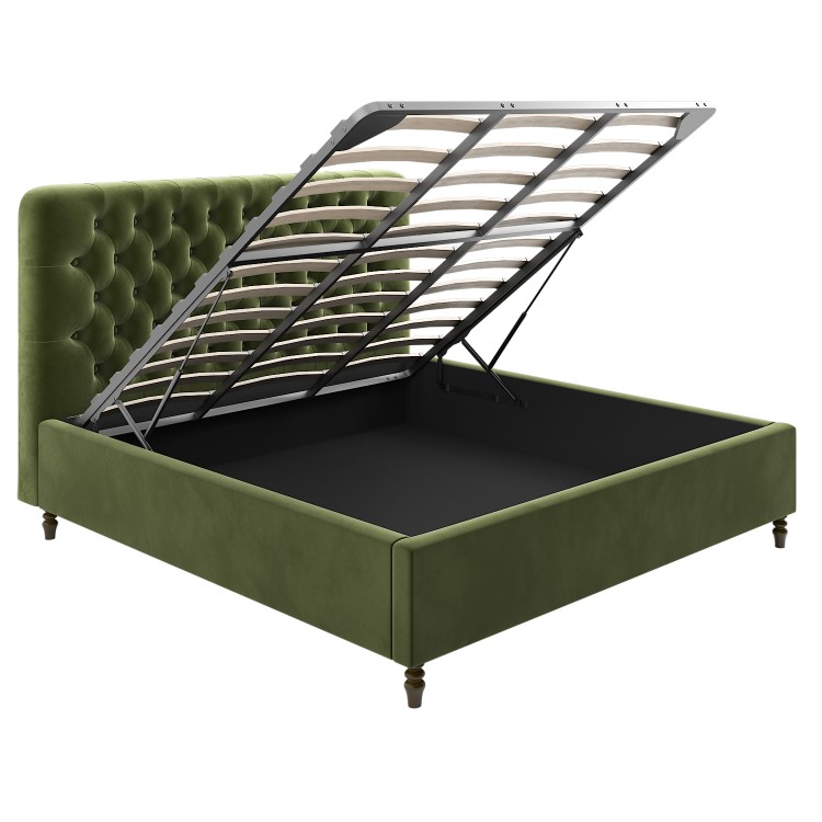 ONLY OPENED - Olive Green Velvet Super King Ottoman Bed with Legs - Pippa