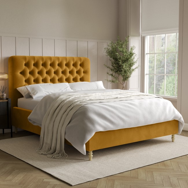 ONLY OPENED - Mustard Yellow Velvet King Size Ottoman Bed with Legs - Pippa