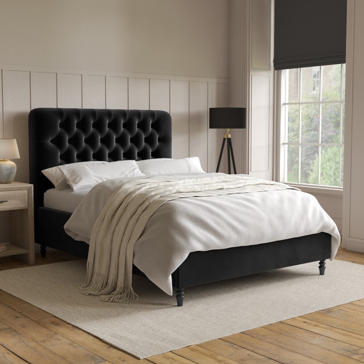 ONLY OPENED - Black Velvet Double Ottoman Bed with Legs - Pippa