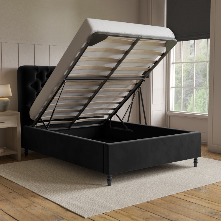 ONLY OPENED - Black Velvet Double Ottoman Bed with Legs - Pippa