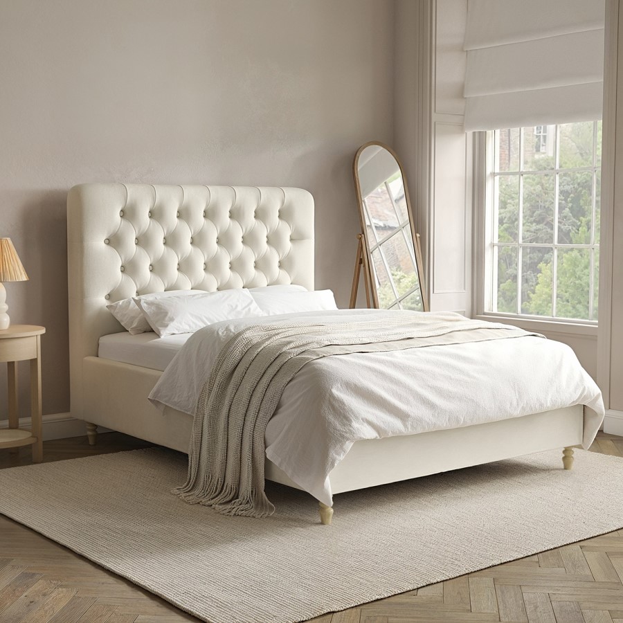 Cream Upholstered Chesterfield Double Ottoman Bed with Legs- Pippa