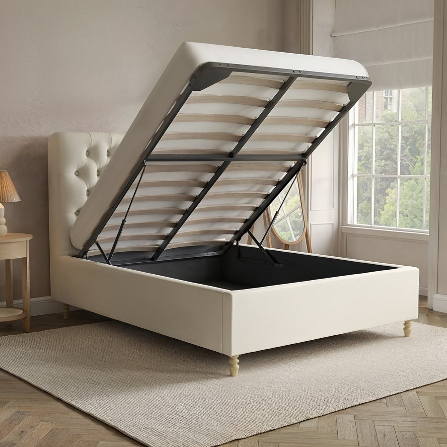 Cream Upholstered Chesterfield Double Ottoman Bed with Legs- Pippa