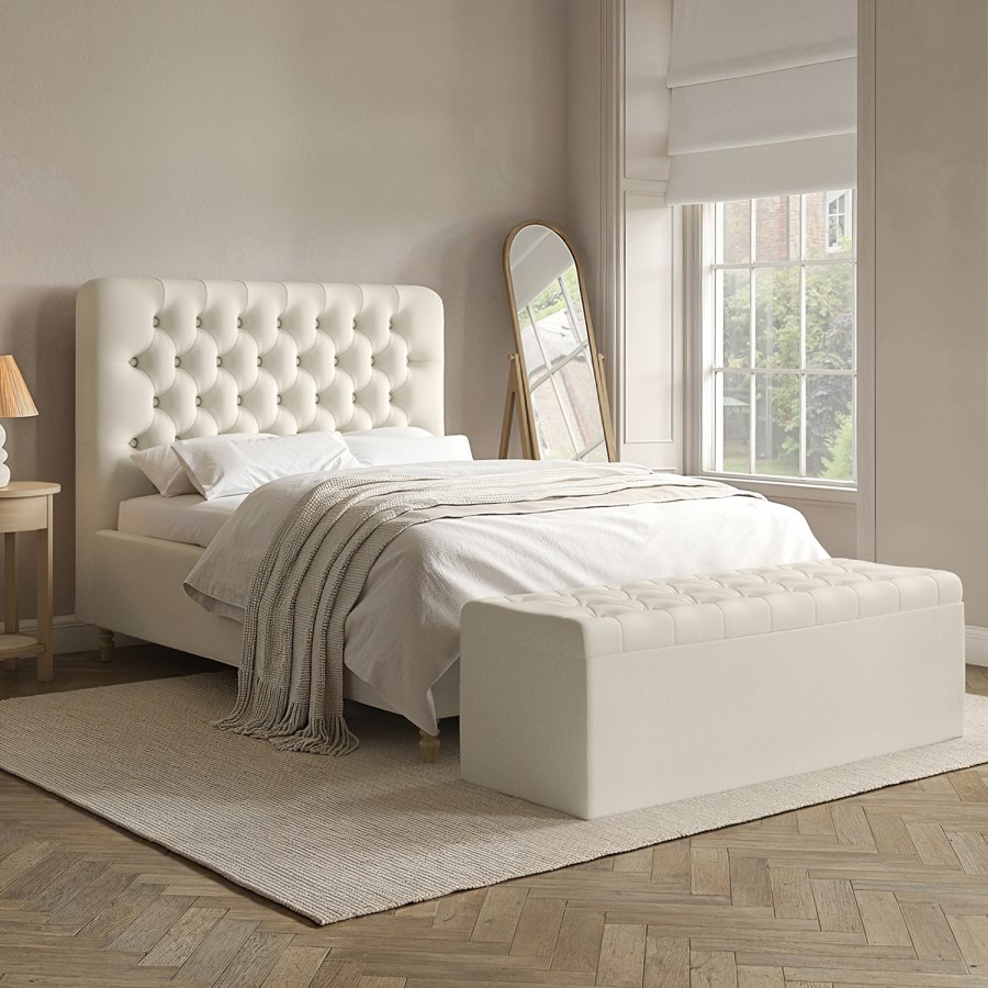 Cream Upholstered Chesterfield Double Ottoman Bed with Legs- Pippa