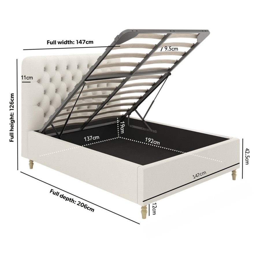 Cream Upholstered Chesterfield Double Ottoman Bed with Legs- Pippa