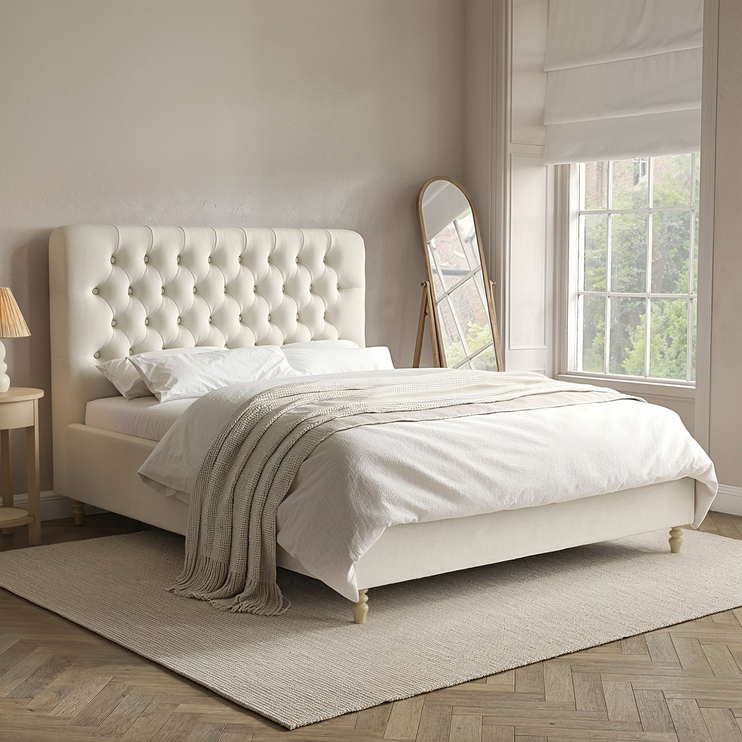 Cream Upholstered King Size Ottoman Bed With Turned Legs Pippa Cream Upholstered King Size Ottoman Bed With Turned Legs Pippa