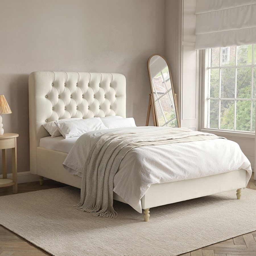 Cream Upholstered Chesterfield Small Double Ottoman Bed with Legs - Pippa