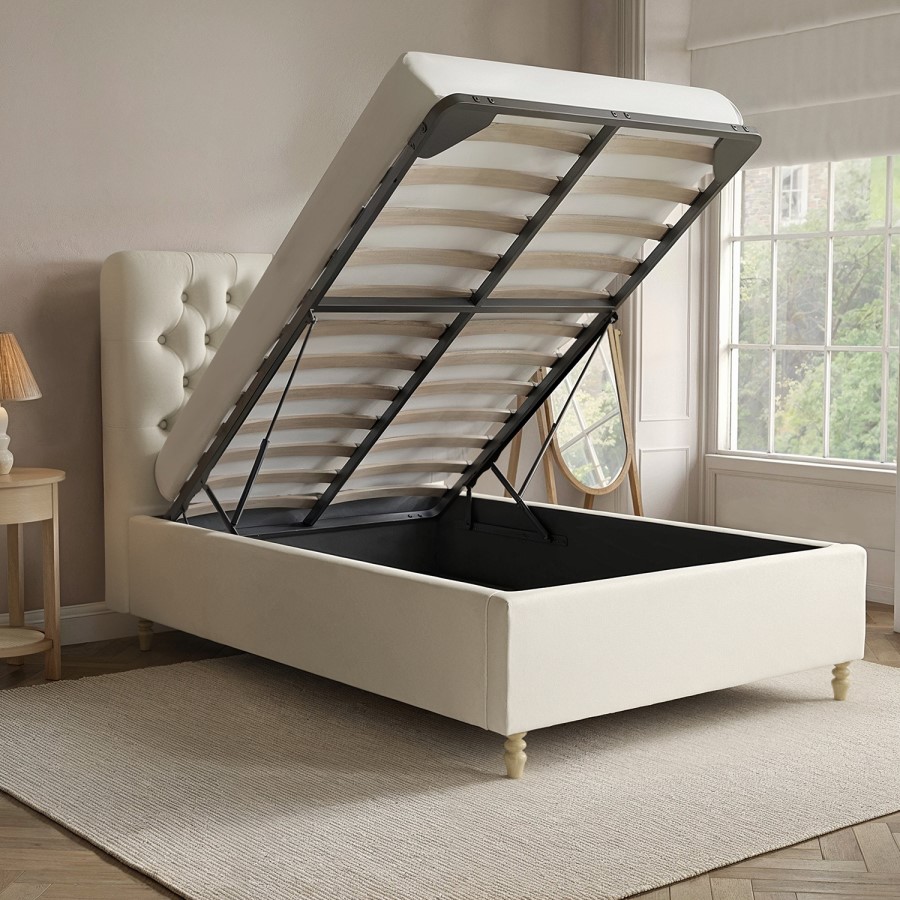 Cream Upholstered Chesterfield Small Double Ottoman Bed with Legs - Pippa