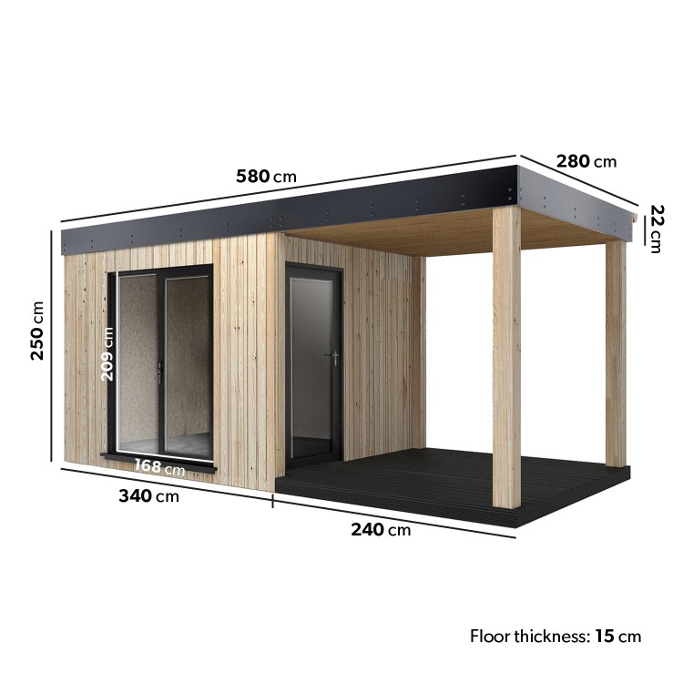 Insulated Garden Room with Veranda - 2.5m x 5.8m - Lusso