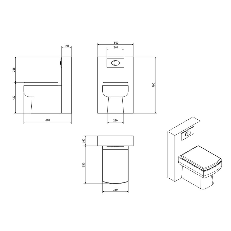 Back to Wall WC Toilet Unit & Square Toilet - W500 x H790mm