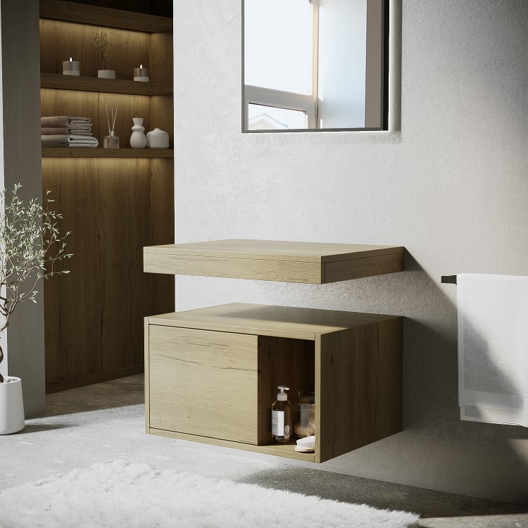 600mm Wood Effect Wall Hung Countertop Vanity Shelves - Porto