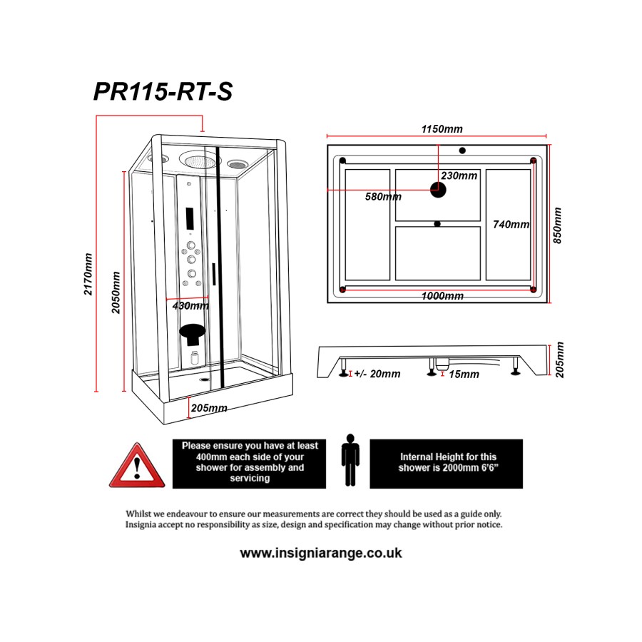 Insignia Premium Rectangular Steam Shower Cabin with 6 Body Jets and Chromotherapy Lights 1150 x 850