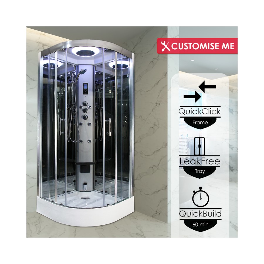 Insignia Premium Quadrant Steam Shower Cabin with Bluetooth and Chromotherapy Lights 900 x 900