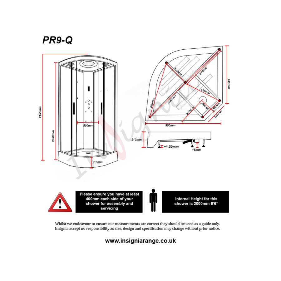 Insignia Premium Quadrant Shower Cabin with 6 Body Jets and Bluetooth 900 x 900