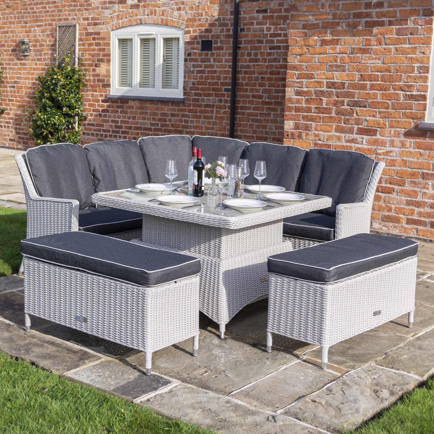 Reclining rattan garden lounger set in dark grey with table | Browse