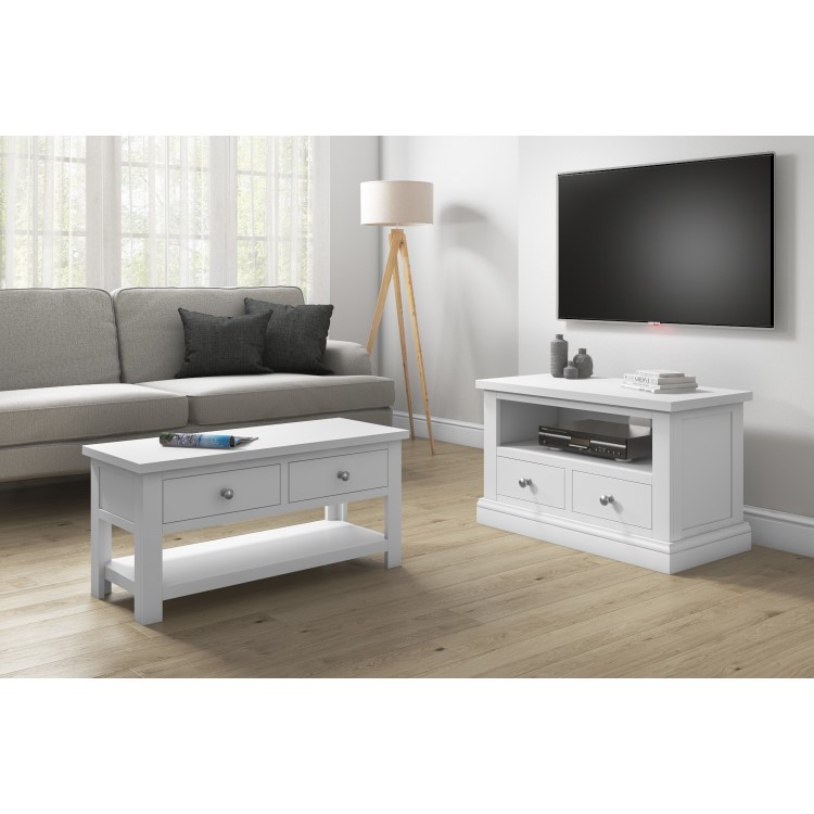 Pure White Solid Wood TV Unit Stand with Storage Drawers