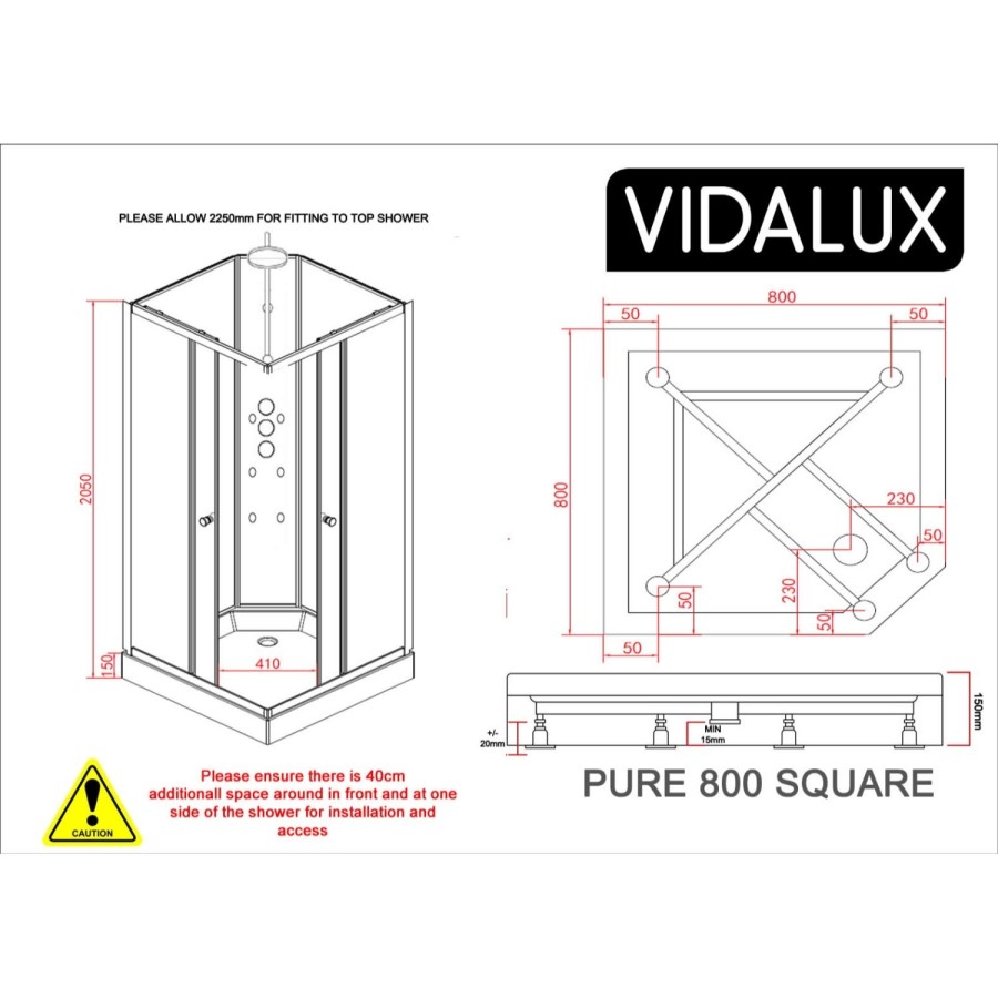 800x800mm Square Electric Hydro Shower Cabin with 8.5kw Triton Electric Shower and Shower Tray - Vidalux