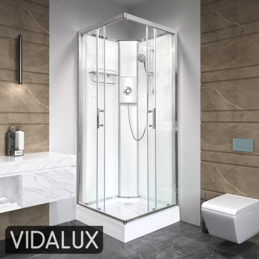 800x800mm Square Electric Hydro Shower Cabin with White Glass 8.5kw Electric Shower and Shower Tray - Vidalux