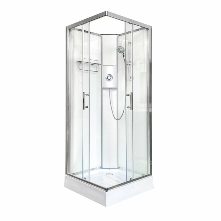 800x800mm Square Electric Hydro Shower Cabin with White Glass 8.5kw Electric Shower and Shower Tray - Vidalux