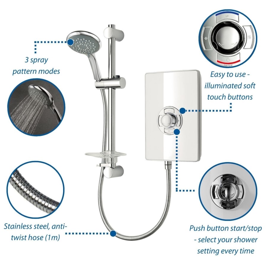 800x800mm Square Electric Hydro Shower Cabin with White Glass 8.5kw Electric Shower and Shower Tray - Vidalux