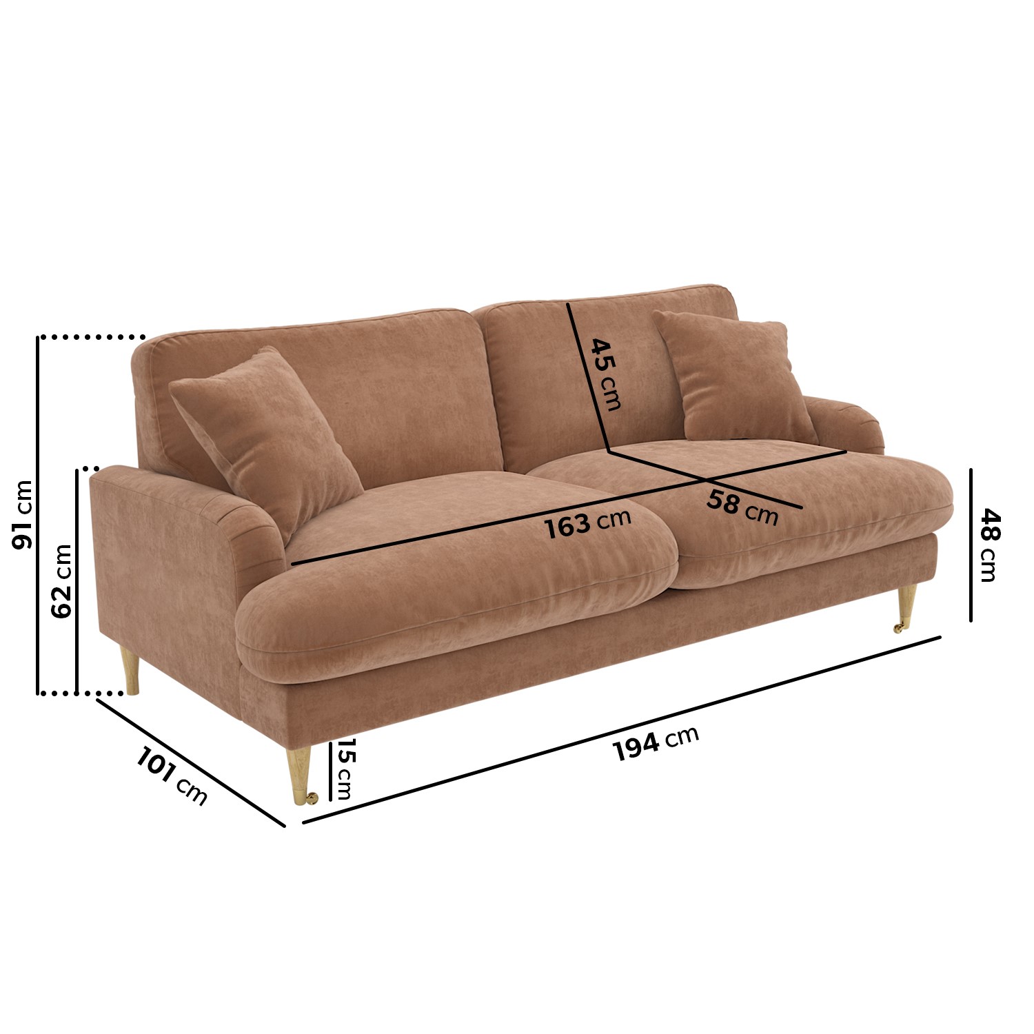 Rose Fabric 3 Seater Feather Filled Sofa - Payton Premium - Furniture123