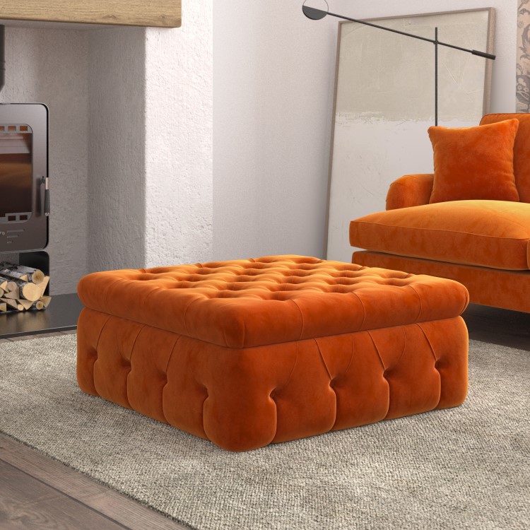 Large Orange Velvet Footstool with Storage - Payton