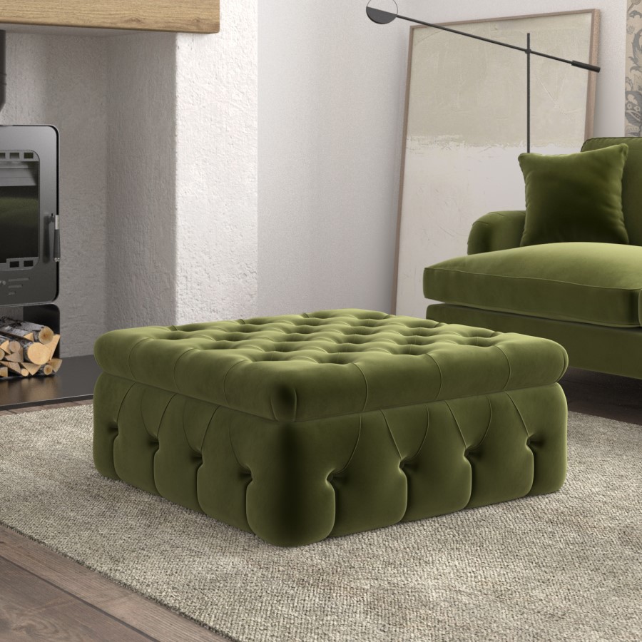 Large Olive Green Velvet Footstool with Storage - Payton
