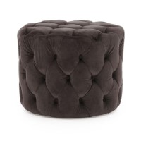 Round Tufted Velvet Dressing Table Pouf in Misty Grey