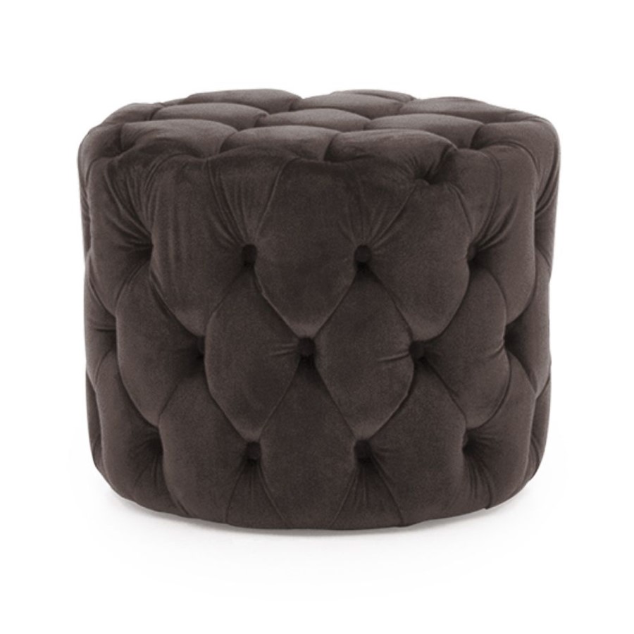 Round Tufted Velvet Dressing Table Pouf in Misty Grey