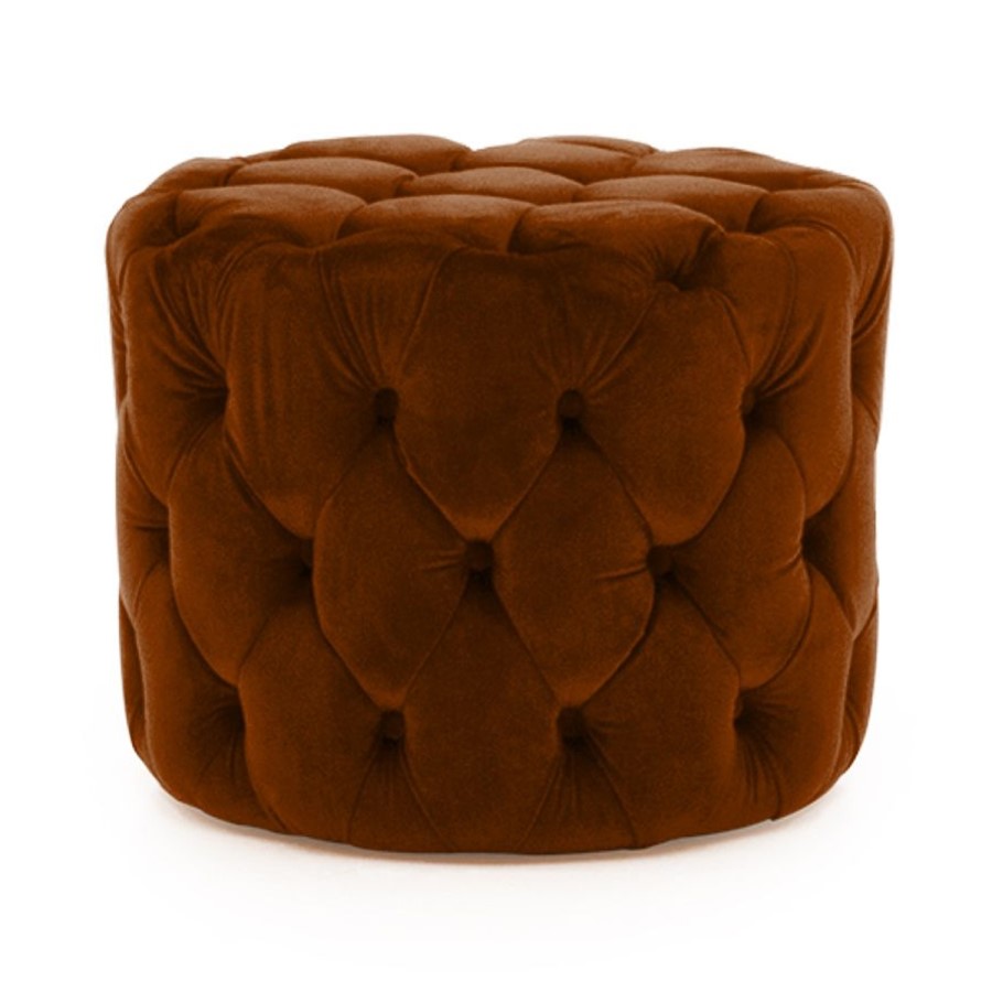 Perkins Round Tufted Pouf/Footstool in Velvet Pumpkin Orange