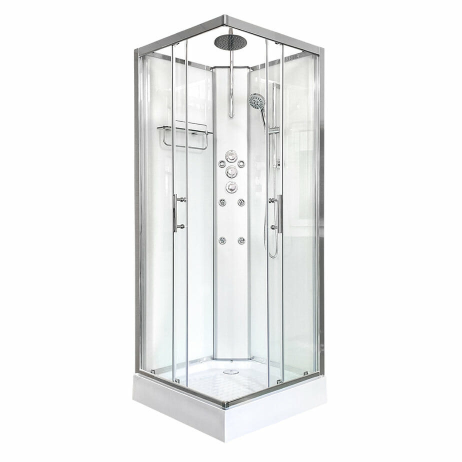 900x900mm Hydro Shower Cabin Square with White Panel - Shower Tray & 3 Outlet Thermostatic Mixer Shower System - Vidalux