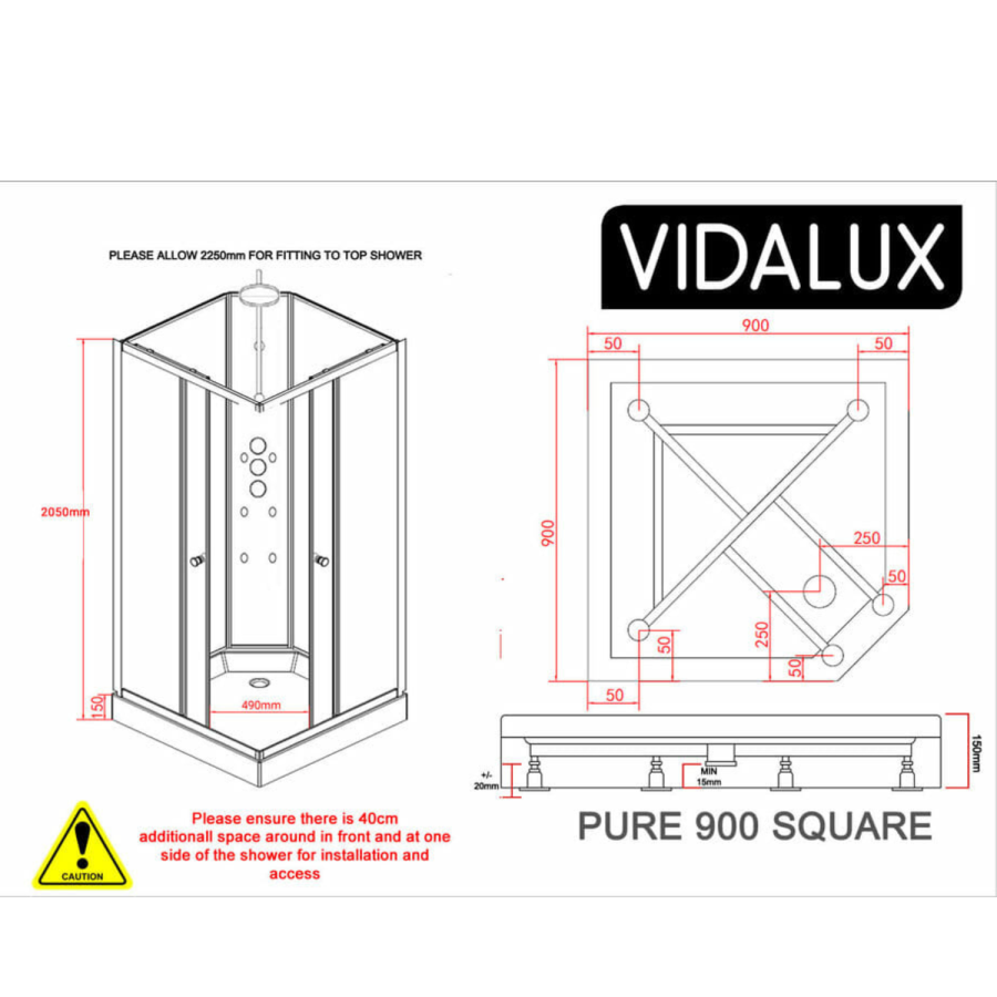 900x900mm Hydro Shower Cabin Square with Black Glass - Shower Tray & 3 Outlet Thermostatic Mixer Shower System - Vidalux