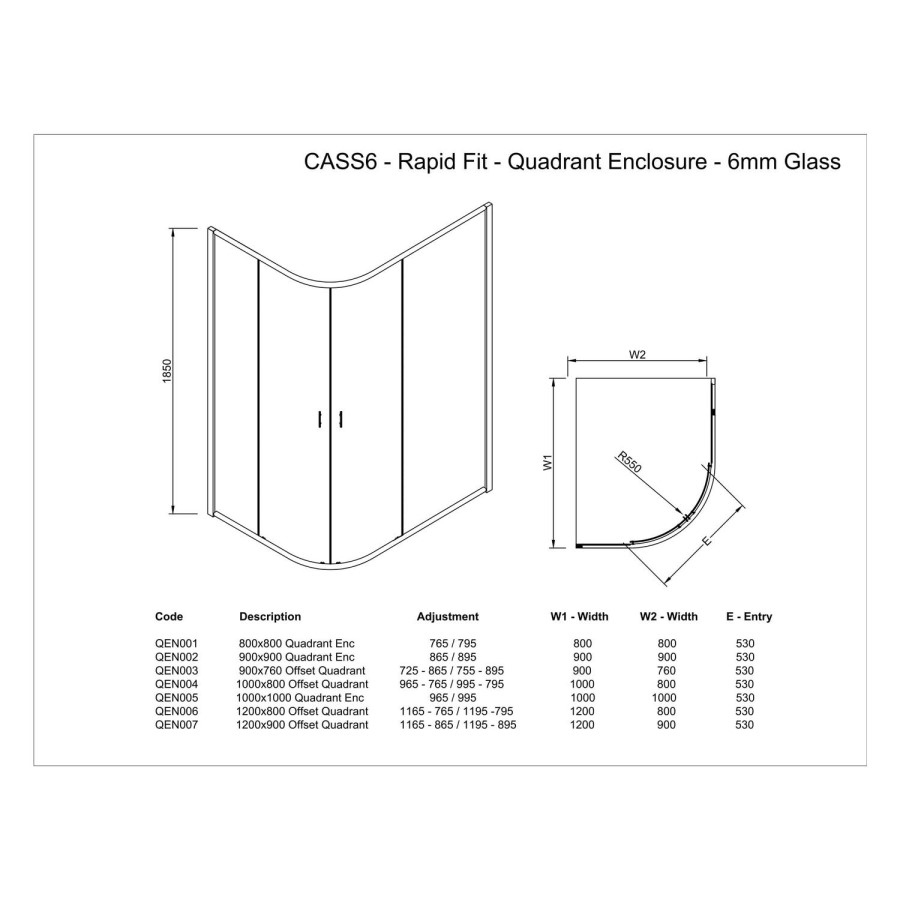 Claritas 6+ Glass Quadrant Shower Screen Enclosure 1200 x 800mm - 6mm Glass
