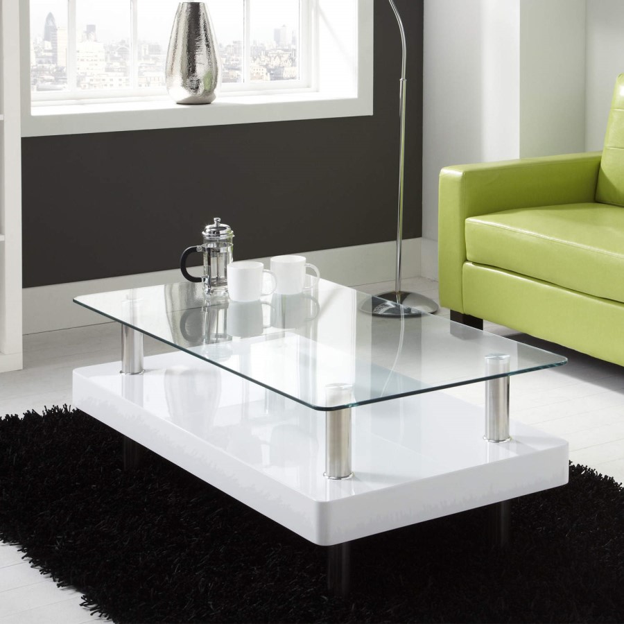 Tiffany White High Gloss Two Tier Glass Top Coffee Table