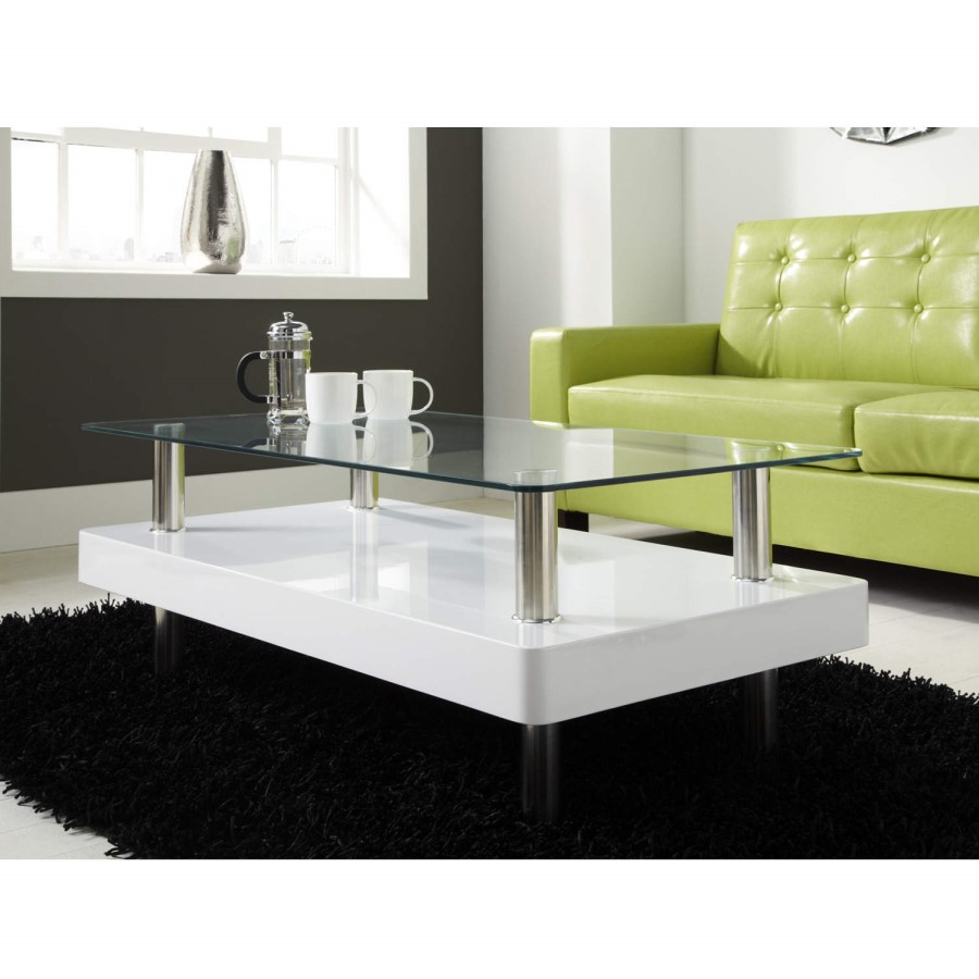 Tiffany White High Gloss Two Tier Glass Top Coffee Table