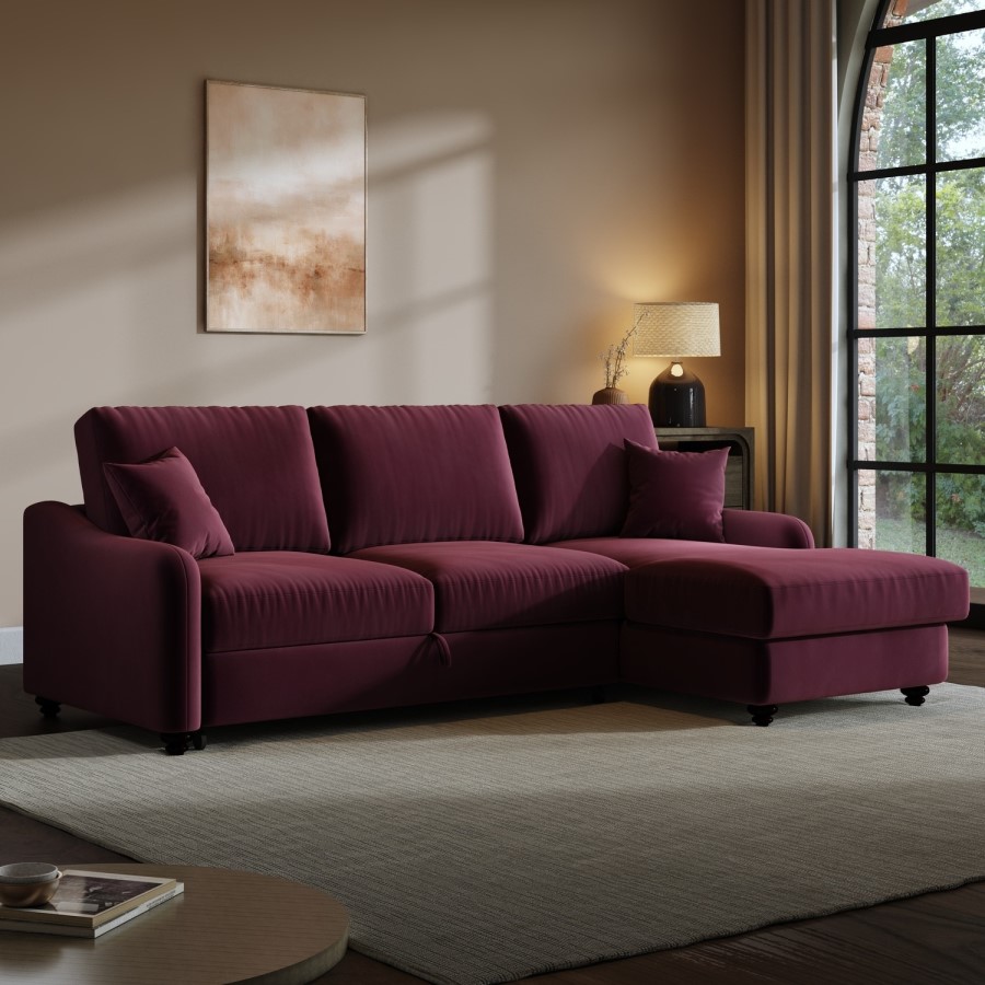 Burgundy Velvet Right Hand Corner Sofa Bed with Storage - Seats 4 - Quinn
