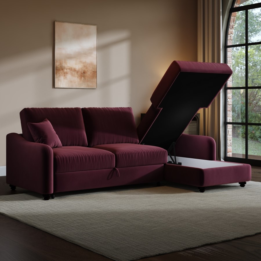 Burgundy Velvet Right Hand Corner Sofa Bed with Storage - Seats 4 - Quinn