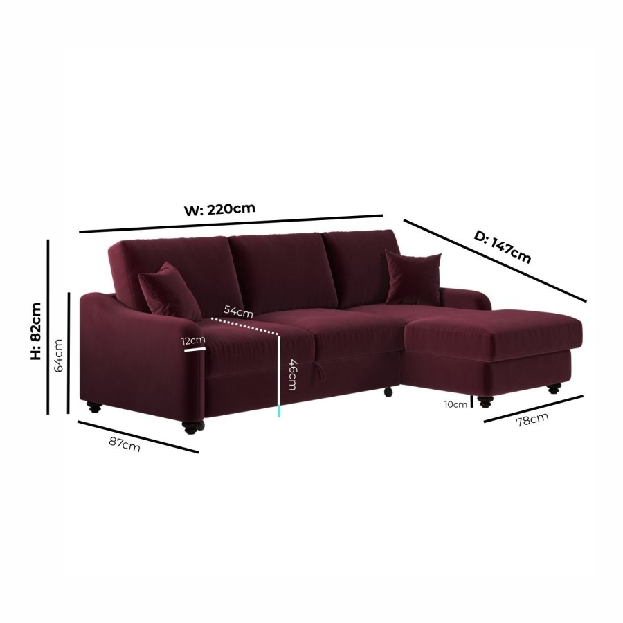 Burgundy Velvet Right Hand Corner Sofa Bed with Storage - Seats 4 - Quinn
