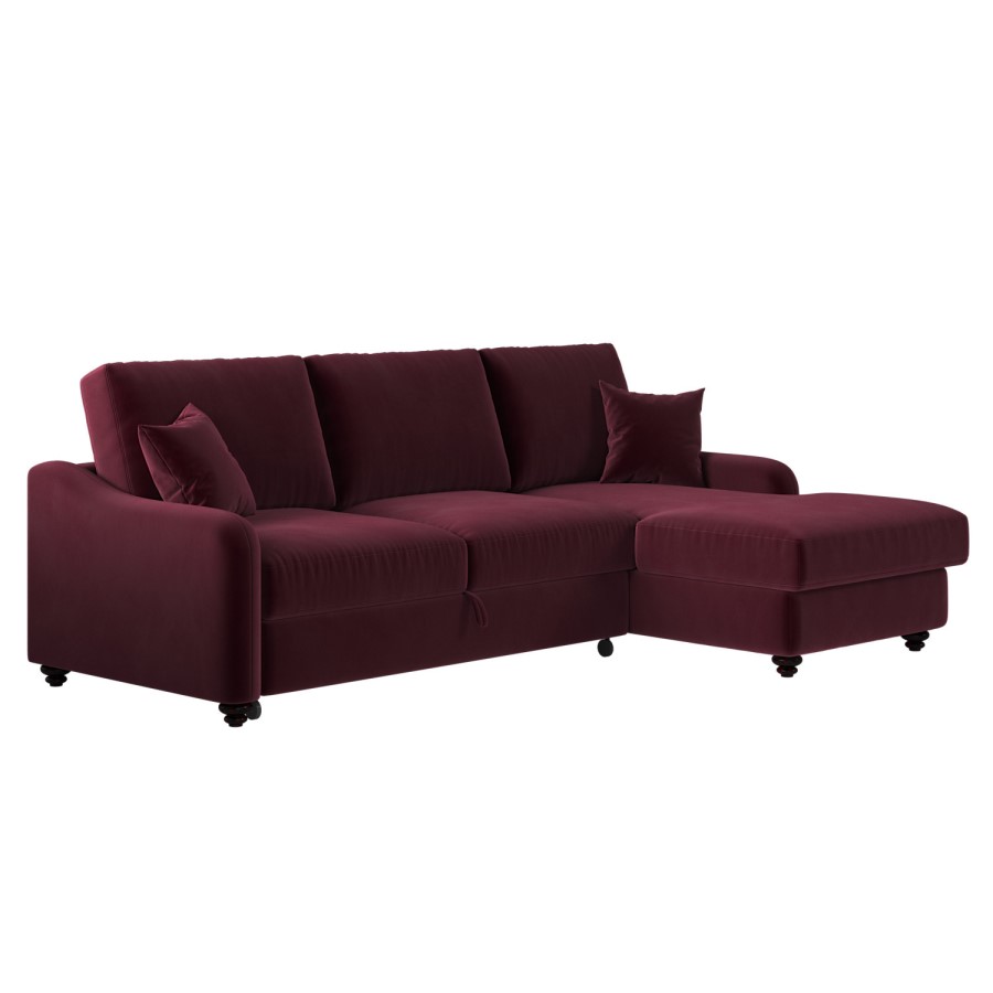 Burgundy Velvet Right Hand Corner Sofa Bed with Storage - Seats 4 - Quinn