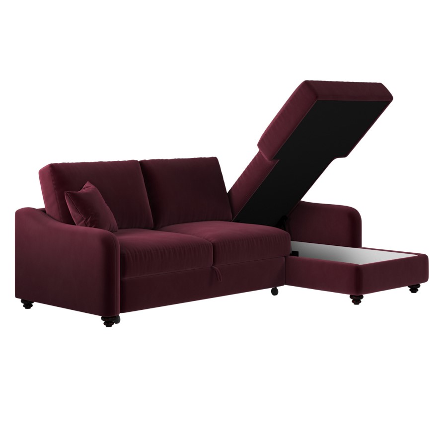 Burgundy Velvet Right Hand Corner Sofa Bed with Storage - Seats 4 - Quinn