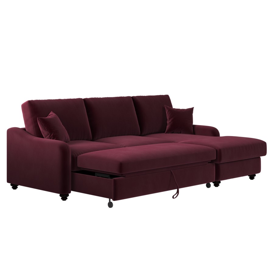 Burgundy Velvet Right Hand Corner Sofa Bed with Storage - Seats 4 - Quinn