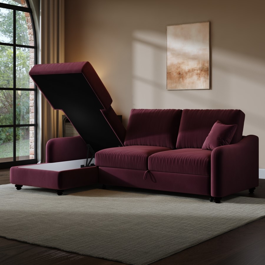 Burgundy Velvet Left Hand Corner Sofa Bed with Storage - Quinn