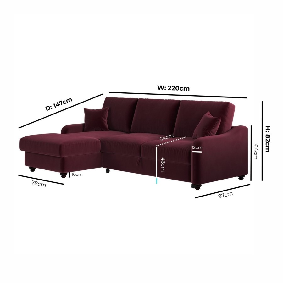 Burgundy Velvet Left Hand Corner Sofa Bed with Storage - Quinn